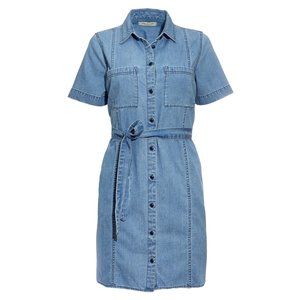 Madewell Blue Denim Seamed Courier Tie Waist Fit And Flare Shirtdress Size XL